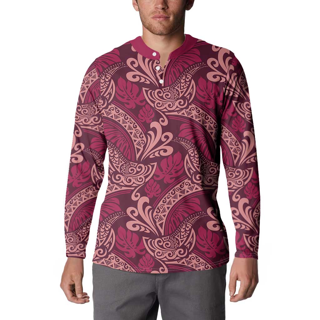 Sweet Pink Monstera Button Sweatshirt Polynesian Tribal Pattern - Polynesian Pride
