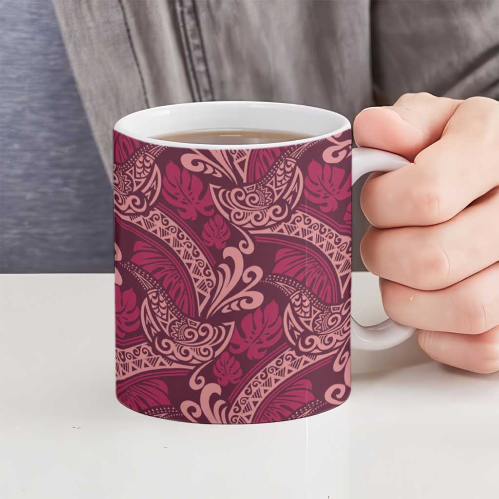 Sweet Pink Monstera Ceramic Mug Polynesian Tribal Pattern - Polynesian Pride