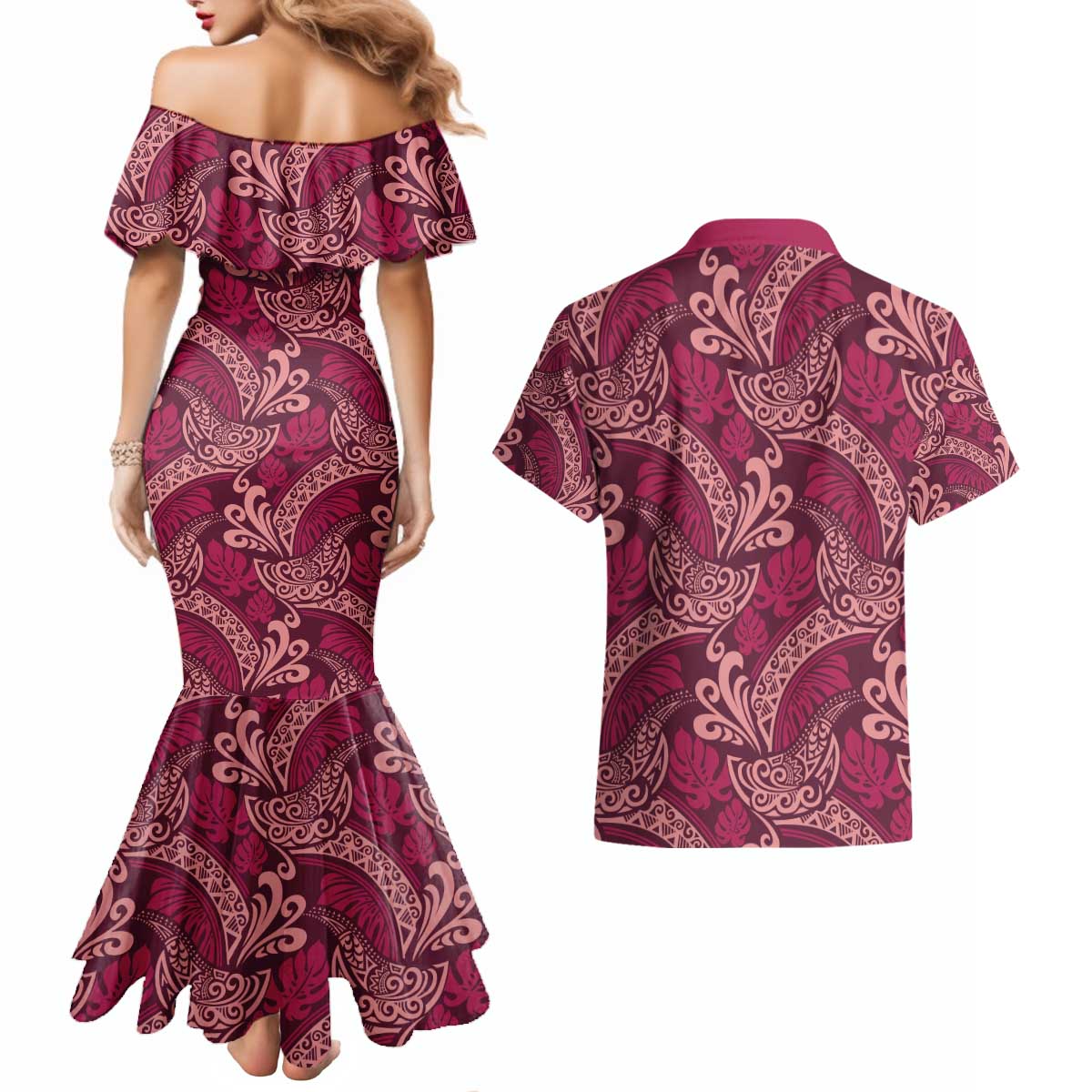 Sweet Pink Monstera Couples Matching Mermaid Dress and Hawaiian Shirt Polynesian Tribal Pattern - Polynesian Pride