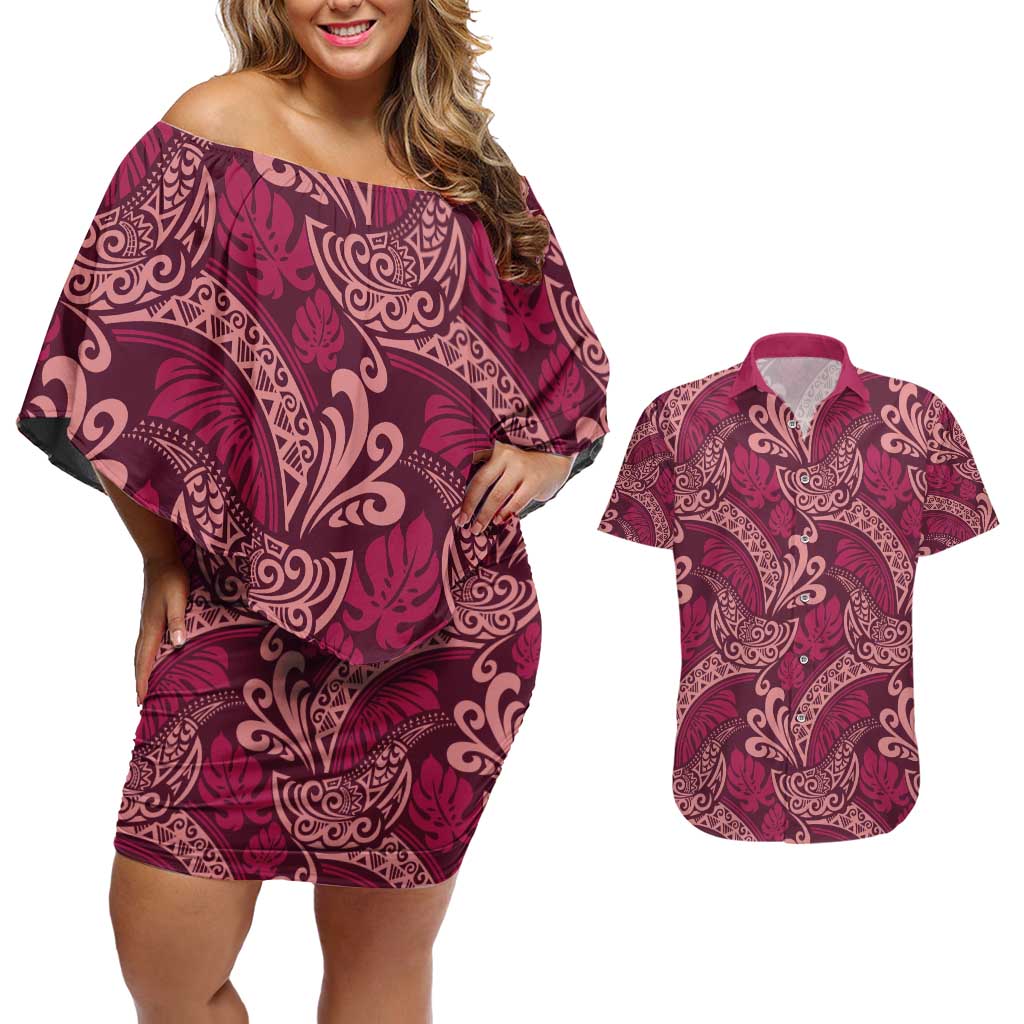 Sweet Pink Monstera Couples Matching Off Shoulder Short Dress and Hawaiian Shirt Polynesian Tribal Pattern - Polynesian Pride