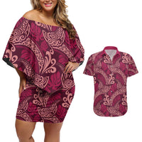 Sweet Pink Monstera Couples Matching Off Shoulder Short Dress and Hawaiian Shirt Polynesian Tribal Pattern - Polynesian Pride