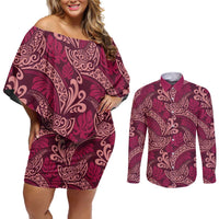 Sweet Pink Monstera Couples Matching Off Shoulder Short Dress and Long Sleeve Button Shirt Polynesian Tribal Pattern - Polynesian Pride