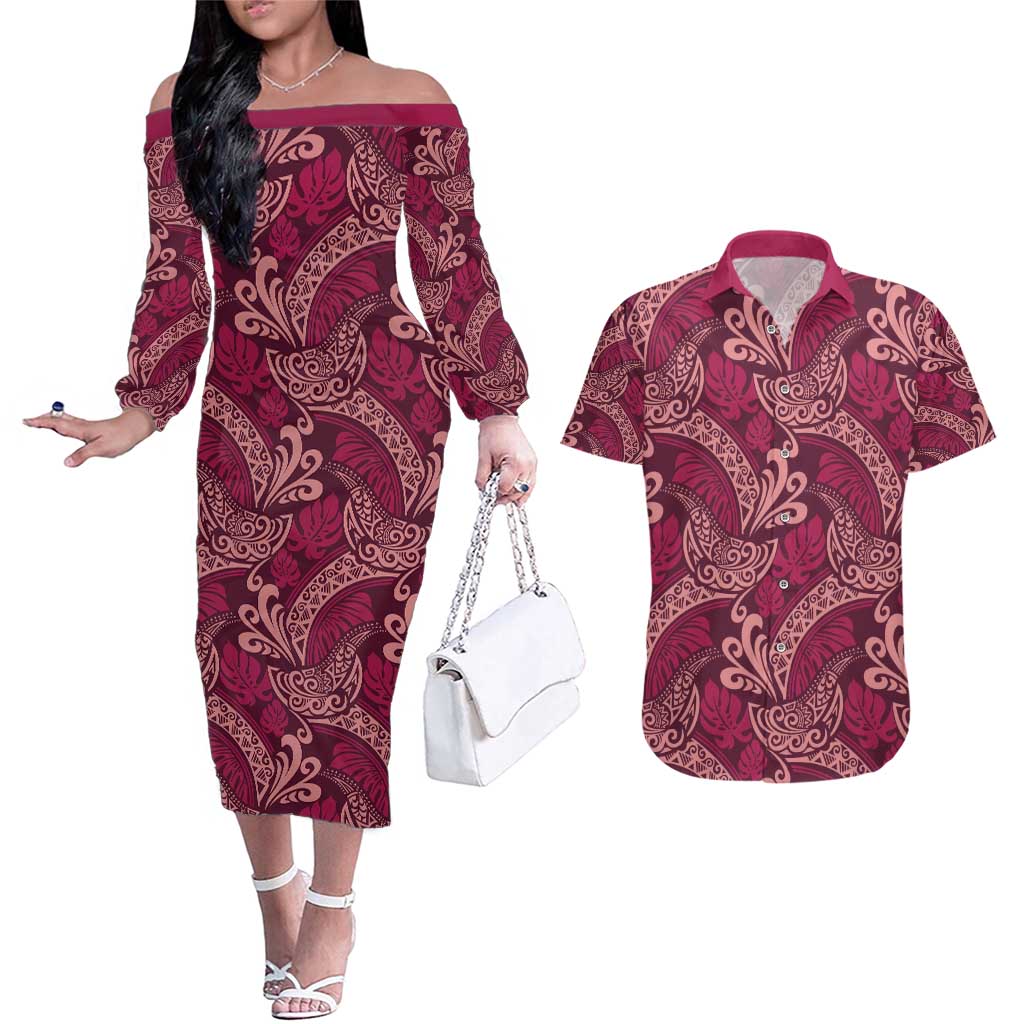 Sweet Pink Monstera Couples Matching Off The Shoulder Long Sleeve Dress and Hawaiian Shirt Polynesian Tribal Pattern - Polynesian Pride