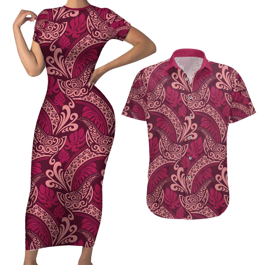 Sweet Pink Monstera Couples Matching Short Sleeve Bodycon Dress and Hawaiian Shirt Polynesian Tribal Pattern - Polynesian Pride