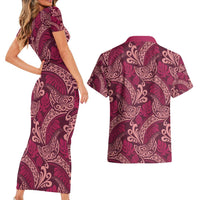 Sweet Pink Monstera Couples Matching Short Sleeve Bodycon Dress and Hawaiian Shirt Polynesian Tribal Pattern - Polynesian Pride