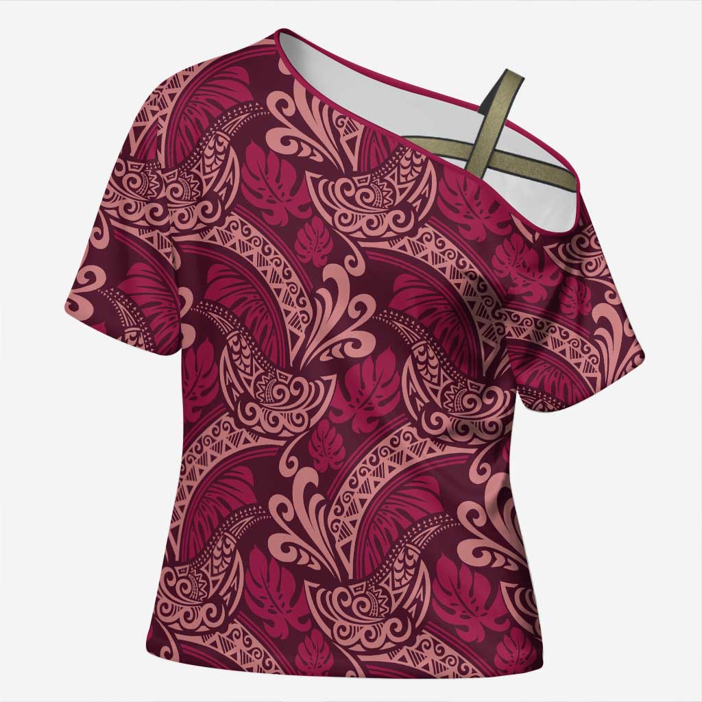 Sweet Pink Monstera Cross Shoulder Shirt Polynesian Tribal Pattern - Polynesian Pride