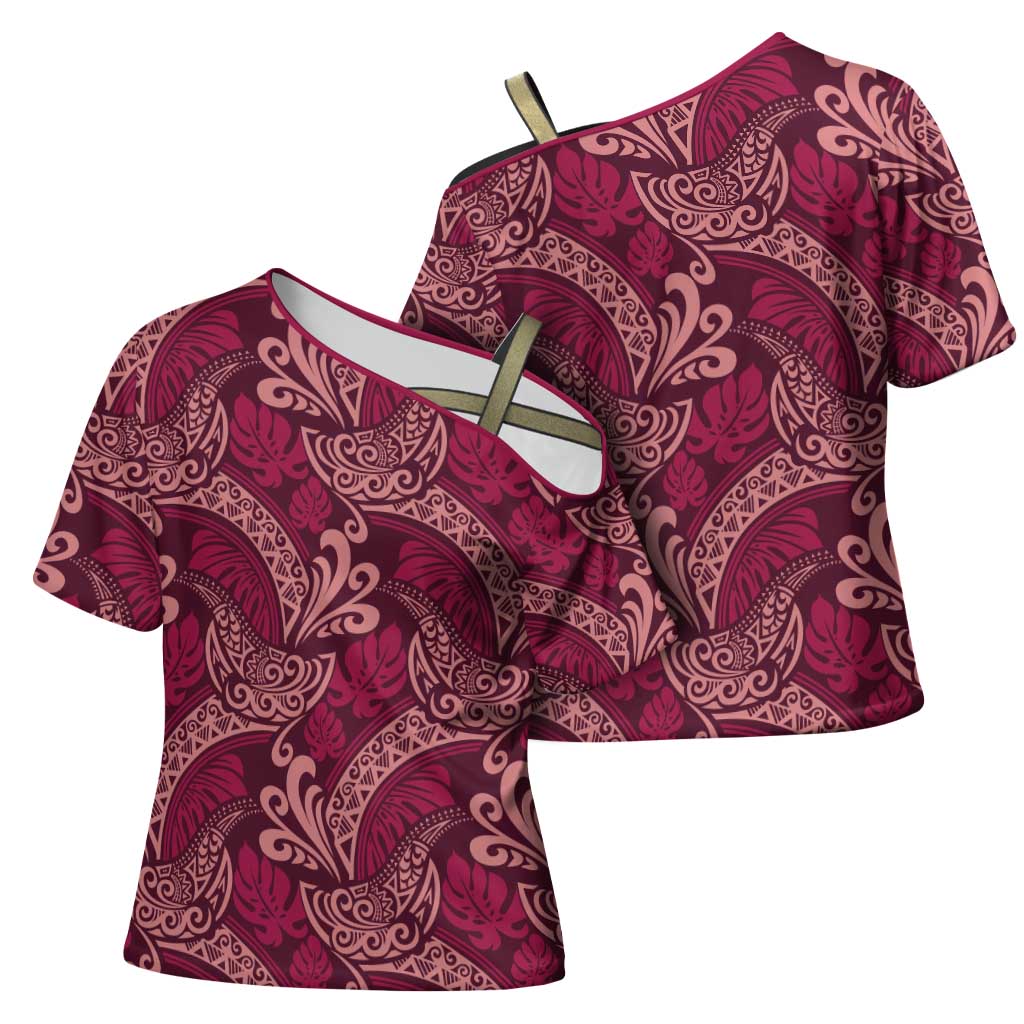 Sweet Pink Monstera Cross Shoulder Shirt Polynesian Tribal Pattern - Polynesian Pride