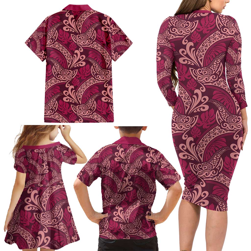 Sweet Pink Monstera Family Matching Long Sleeve Bodycon Dress and Hawaiian Shirt Polynesian Tribal Pattern - Polynesian Pride