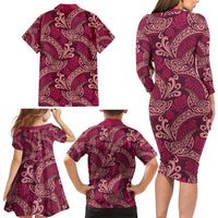 Sweet Pink Monstera Family Matching Long Sleeve Bodycon Dress and Hawaiian Shirt Polynesian Tribal Pattern - Polynesian Pride