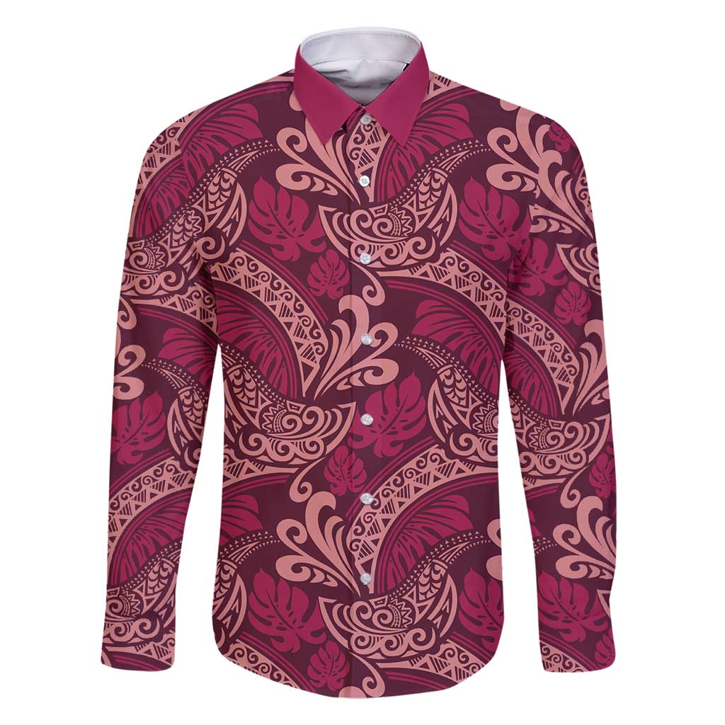 Sweet Pink Monstera Family Matching Long Sleeve Bodycon Dress and Hawaiian Shirt Polynesian Tribal Pattern - Polynesian Pride
