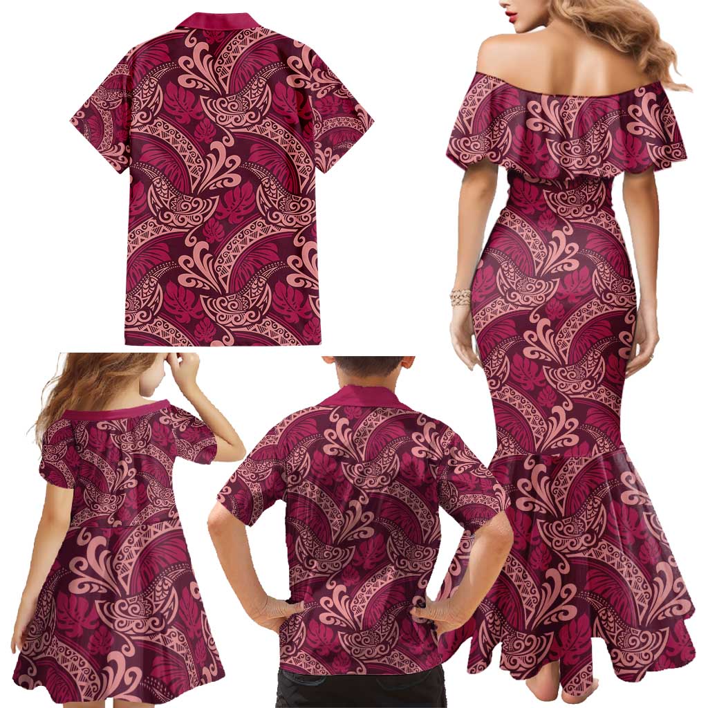 Sweet Pink Monstera Family Matching Mermaid Dress and Hawaiian Shirt Polynesian Tribal Pattern - Polynesian Pride