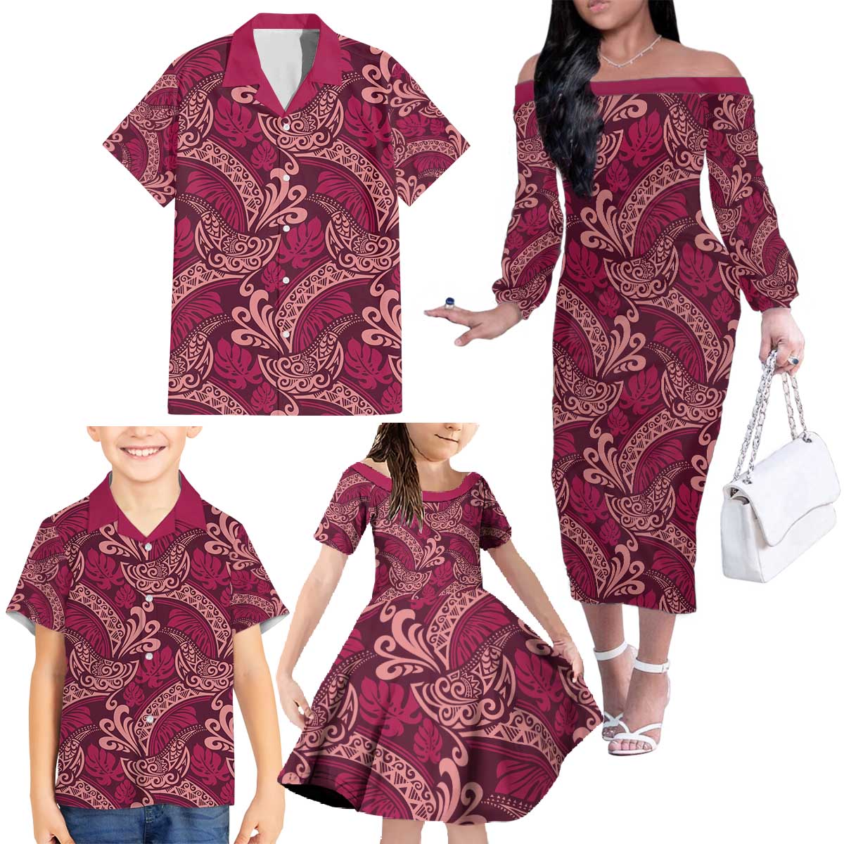 Sweet Pink Monstera Family Matching Off The Shoulder Long Sleeve Dress and Hawaiian Shirt Polynesian Tribal Pattern - Polynesian Pride