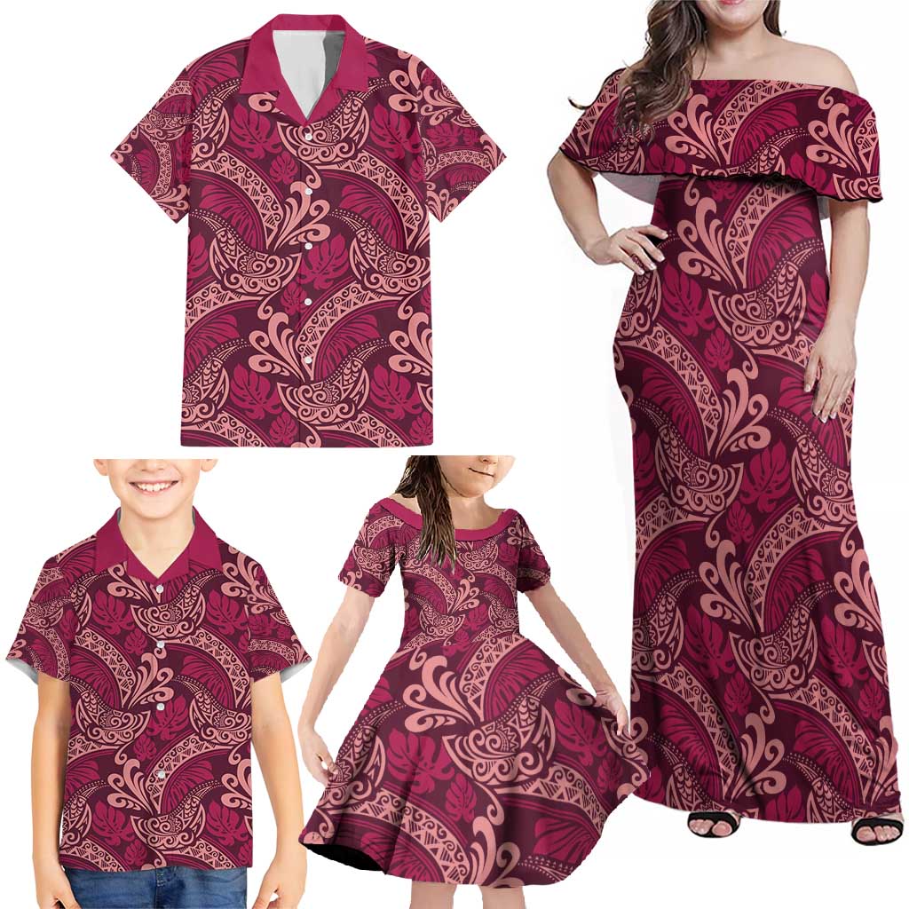 Sweet Pink Monstera Family Matching Off Shoulder Maxi Dress and Hawaiian Shirt Polynesian Tribal Pattern - Polynesian Pride