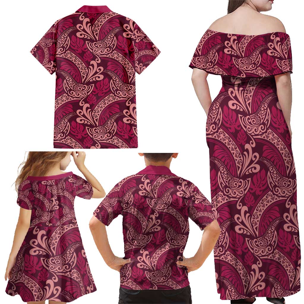 Sweet Pink Monstera Family Matching Off Shoulder Maxi Dress and Hawaiian Shirt Polynesian Tribal Pattern - Polynesian Pride