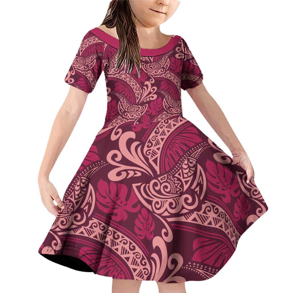 Sweet Pink Monstera Family Matching Off Shoulder Short Dress and Hawaiian Shirt Polynesian Tribal Pattern - Polynesian Pride