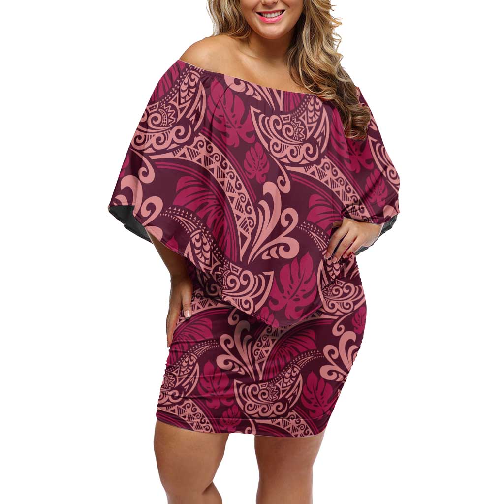 Sweet Pink Monstera Family Matching Off Shoulder Short Dress and Hawaiian Shirt Polynesian Tribal Pattern - Polynesian Pride