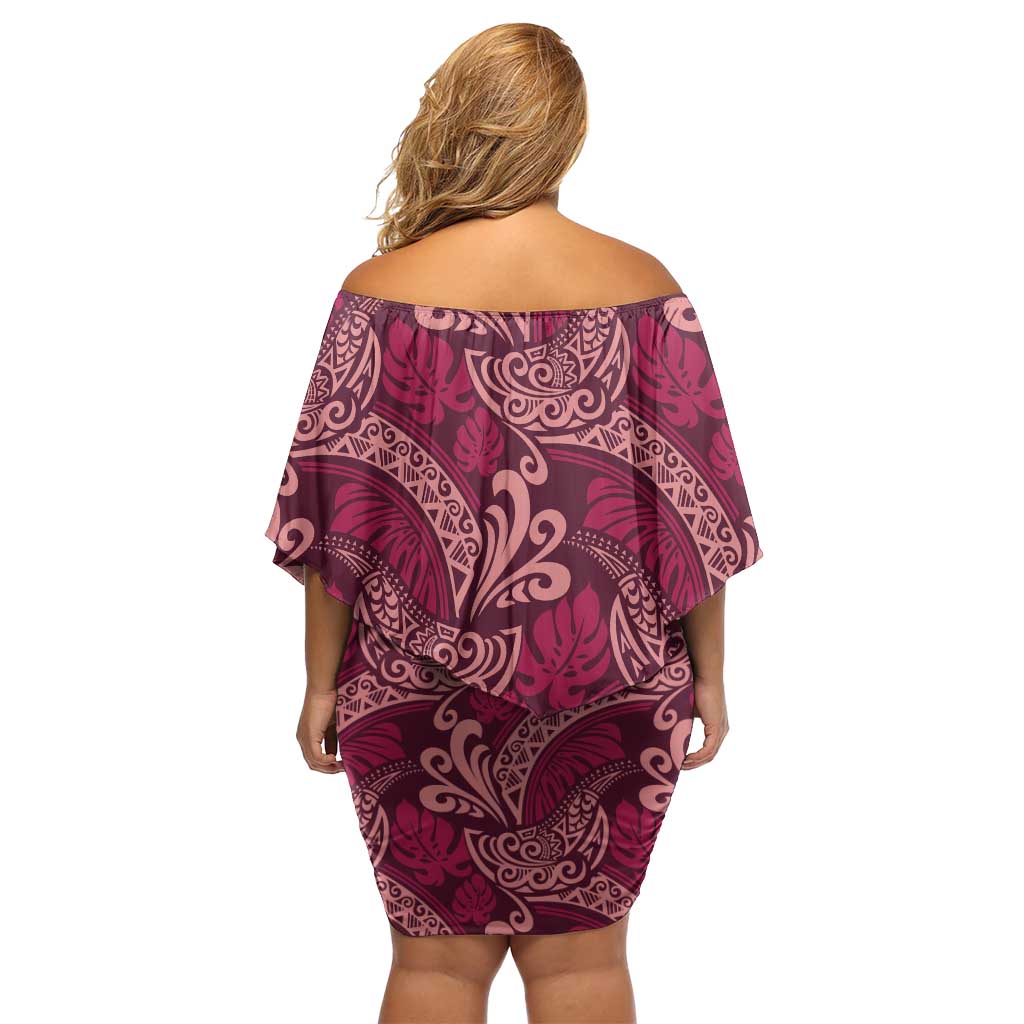 Sweet Pink Monstera Family Matching Off Shoulder Short Dress and Hawaiian Shirt Polynesian Tribal Pattern - Polynesian Pride