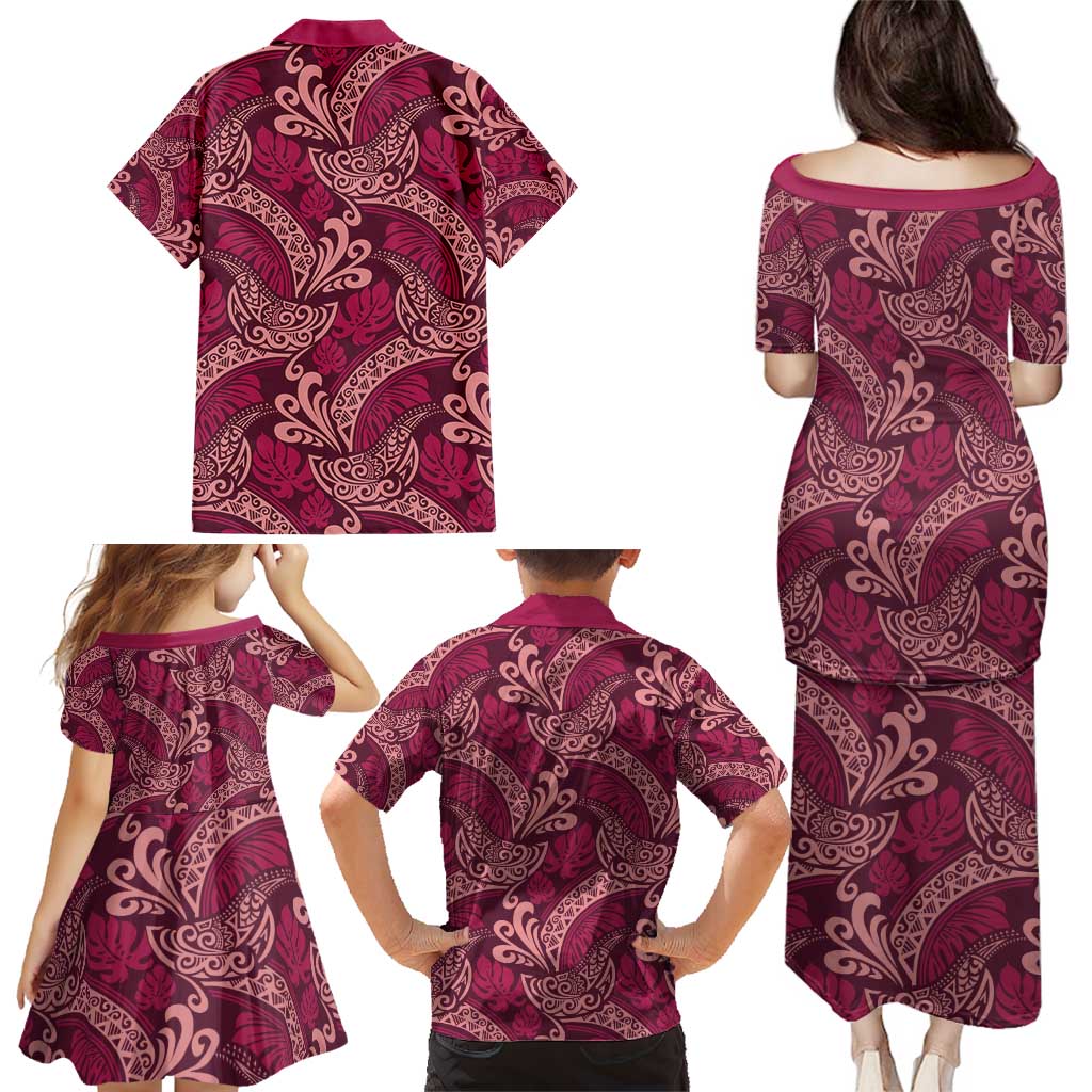Sweet Pink Monstera Family Matching Puletasi and Hawaiian Shirt Polynesian Tribal Pattern - Polynesian Pride