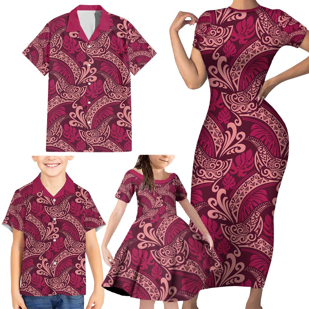 Sweet Pink Monstera Family Matching Short Sleeve Bodycon Dress and Hawaiian Shirt Polynesian Tribal Pattern - Polynesian Pride