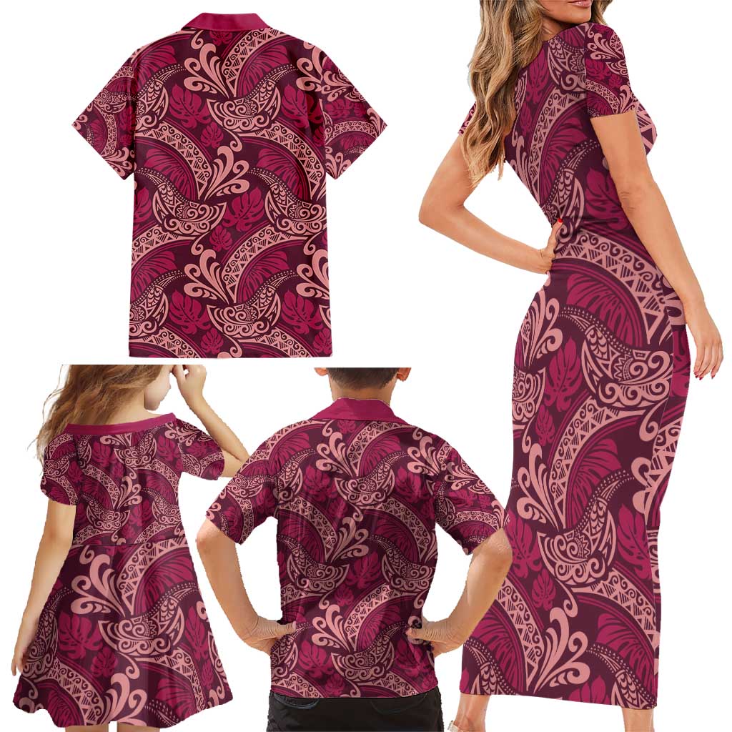 Sweet Pink Monstera Family Matching Short Sleeve Bodycon Dress and Hawaiian Shirt Polynesian Tribal Pattern - Polynesian Pride