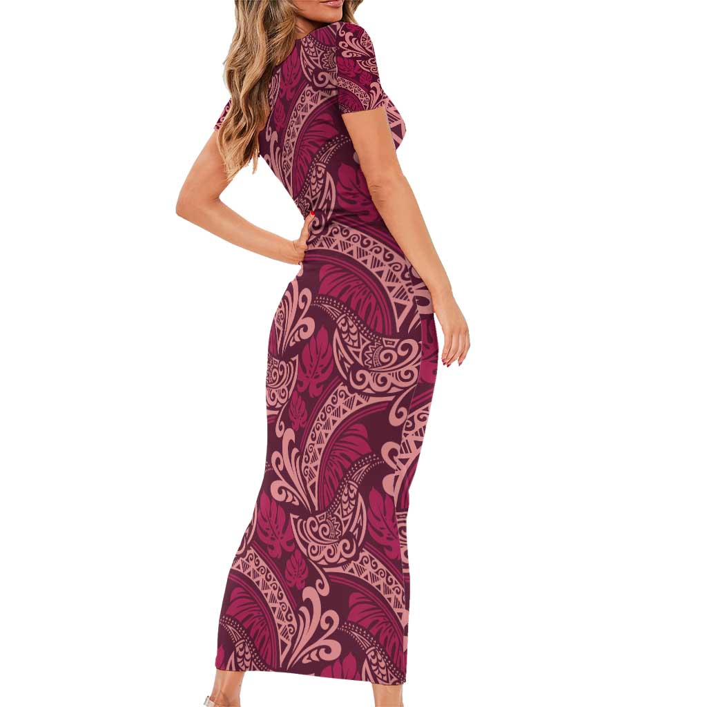 Sweet Pink Monstera Family Matching Short Sleeve Bodycon Dress and Hawaiian Shirt Polynesian Tribal Pattern - Polynesian Pride
