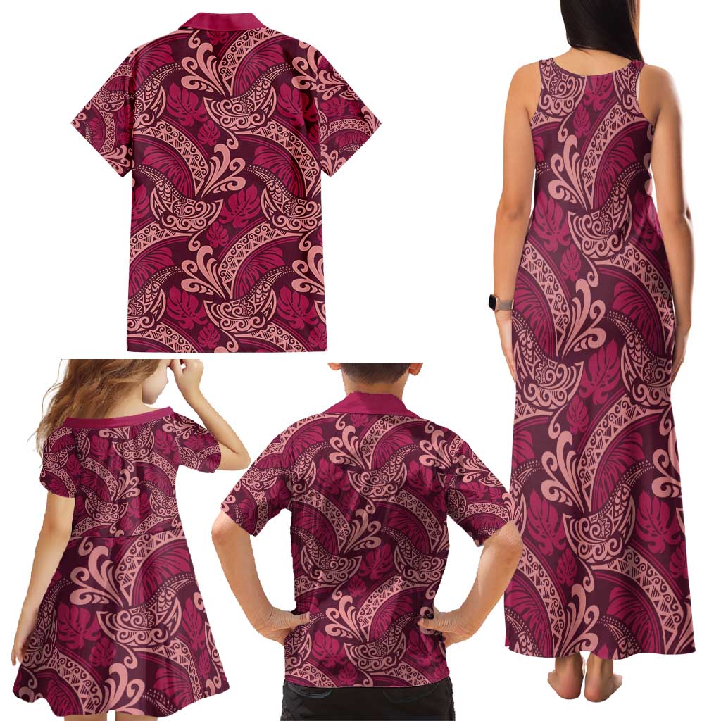 Sweet Pink Monstera Family Matching Tank Maxi Dress and Hawaiian Shirt Polynesian Tribal Pattern - Polynesian Pride