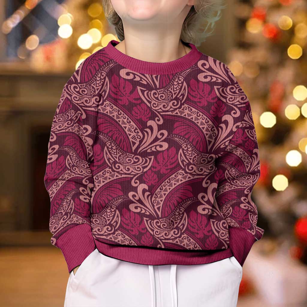 Sweet Pink Monstera Kid Ugly Christmas Sweater Polynesian Tribal Pattern - Polynesian Pride