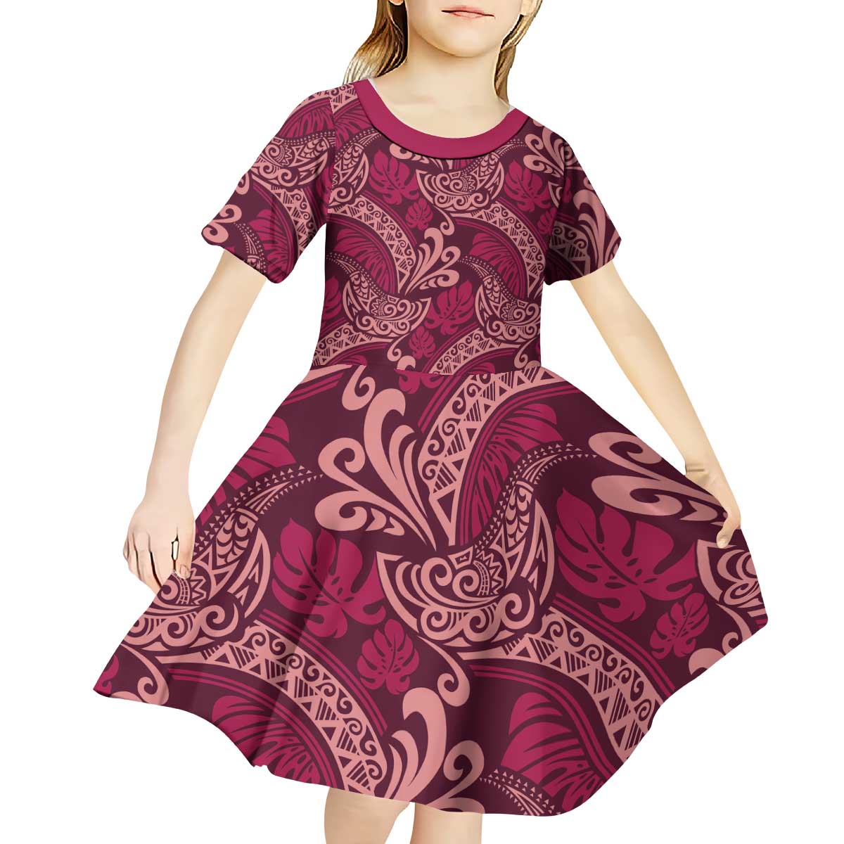 Sweet Pink Monstera Kid Short Sleeve Dress Polynesian Tribal Pattern - Polynesian Pride