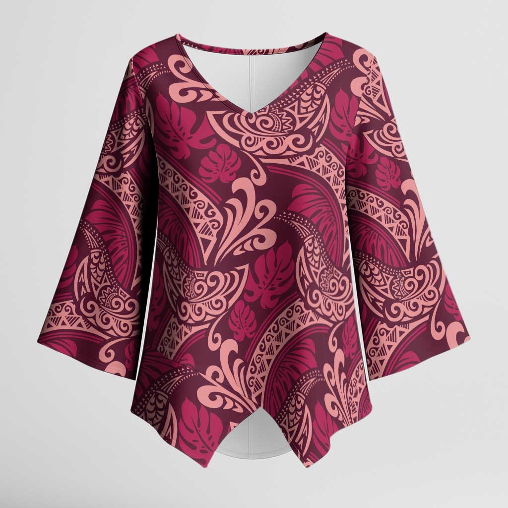 Sweet Pink Monstera Kimono Sleeve Blouse Polynesian Tribal Pattern - Polynesian Pride