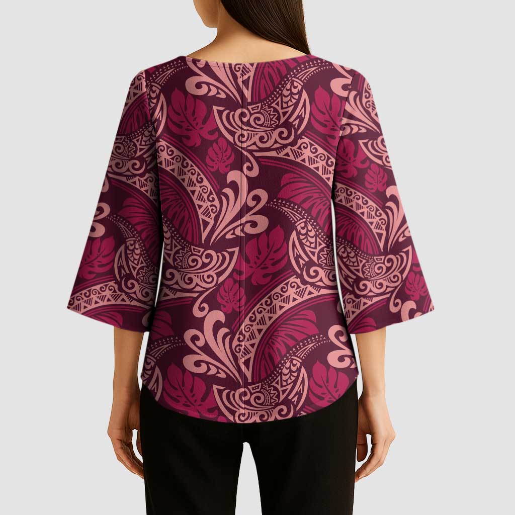 Sweet Pink Monstera Kimono Sleeve Blouse Polynesian Tribal Pattern - Polynesian Pride