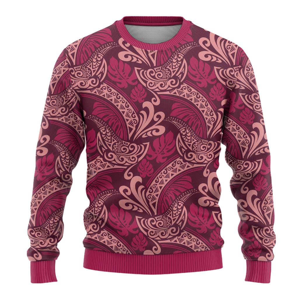 Sweet Pink Monstera Ugly Christmas Sweater Polynesian Tribal Pattern - Polynesian Pride