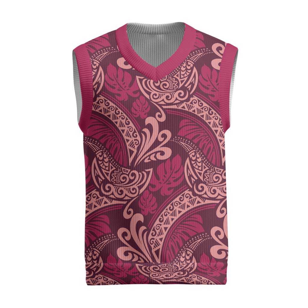 Sweet Pink Monstera Christmas Knitted V-Neck Vest Polynesian Tribal Pattern - Polynesian Pride