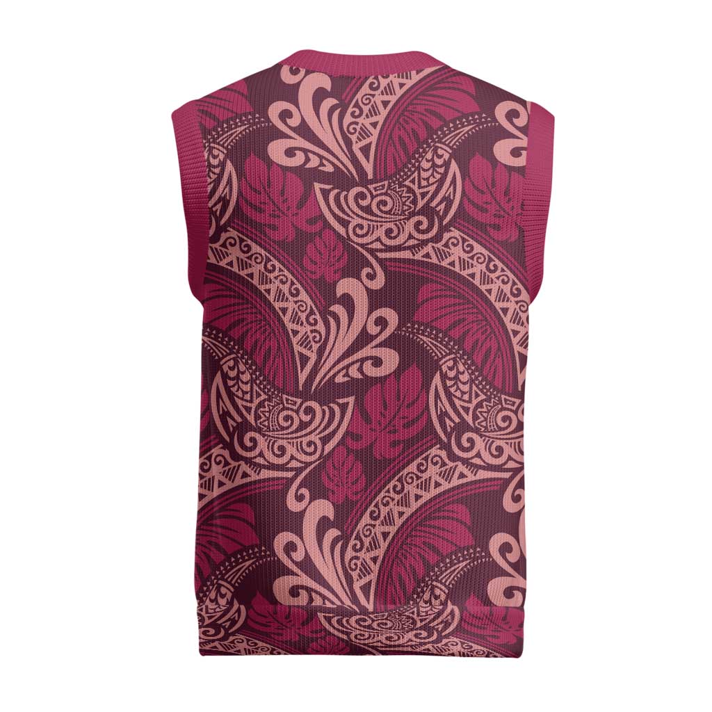Sweet Pink Monstera Christmas Knitted V-Neck Vest Polynesian Tribal Pattern - Polynesian Pride
