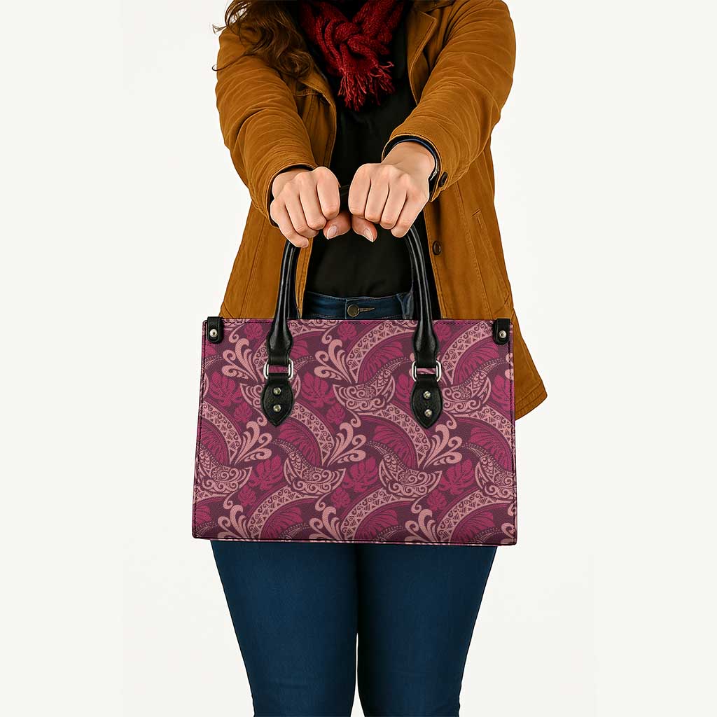 Sweet Pink Monstera Leather Bag Polynesian Tribal Pattern - Polynesian Pride