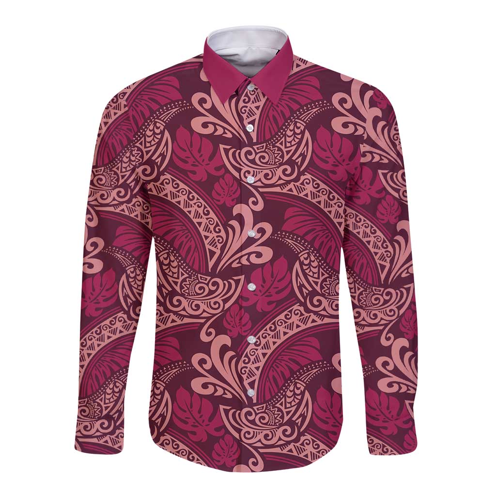Sweet Pink Monstera Long Sleeve Button Shirt Polynesian Tribal Pattern - Polynesian Pride
