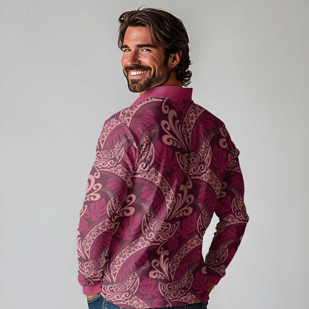 Sweet Pink Monstera Long Sleeve Polo Shirt Polynesian Tribal Pattern - Polynesian Pride