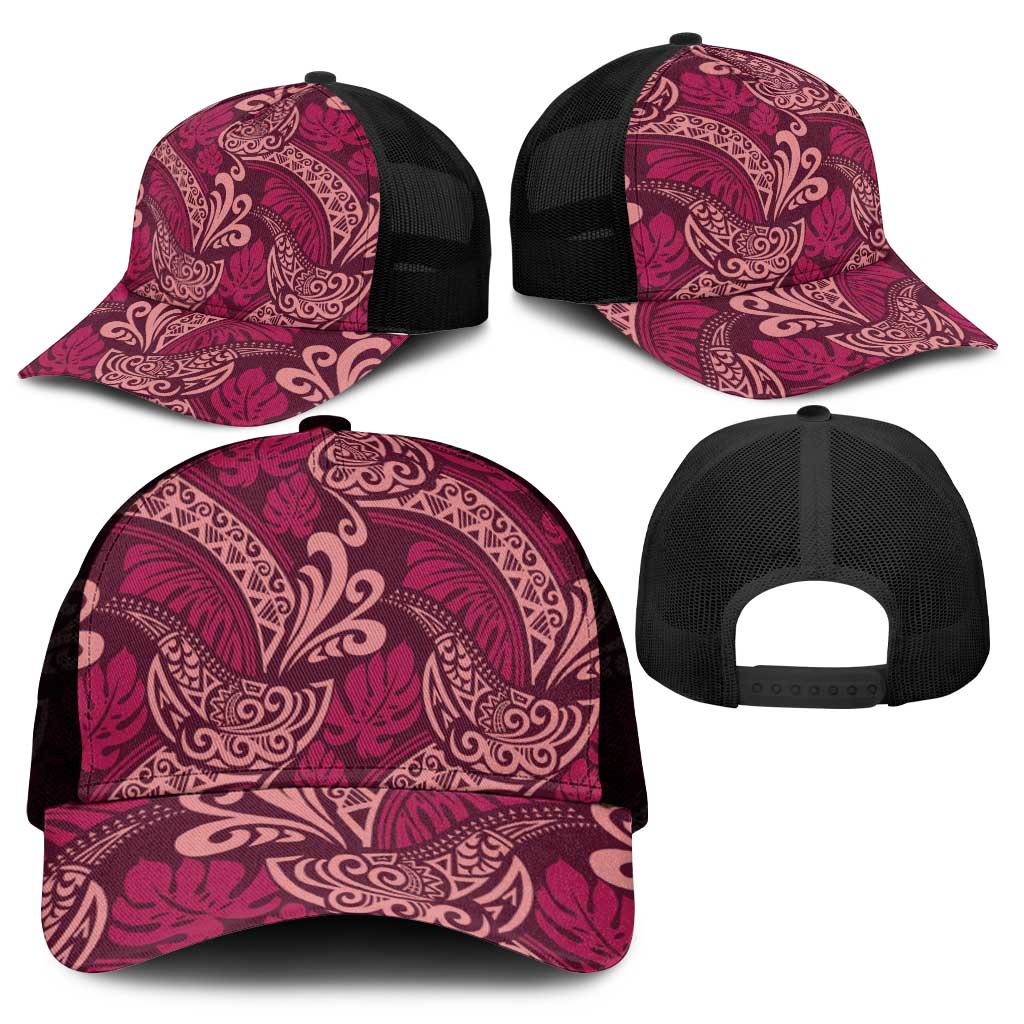 Sweet Pink Monstera Mesh Trucker Cap Polynesian Tribal Pattern - Polynesian Pride