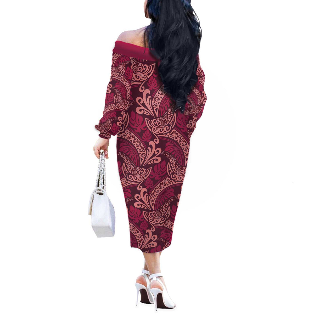 Sweet Pink Monstera Off The Shoulder Long Sleeve Dress Polynesian Tribal Pattern - Polynesian Pride