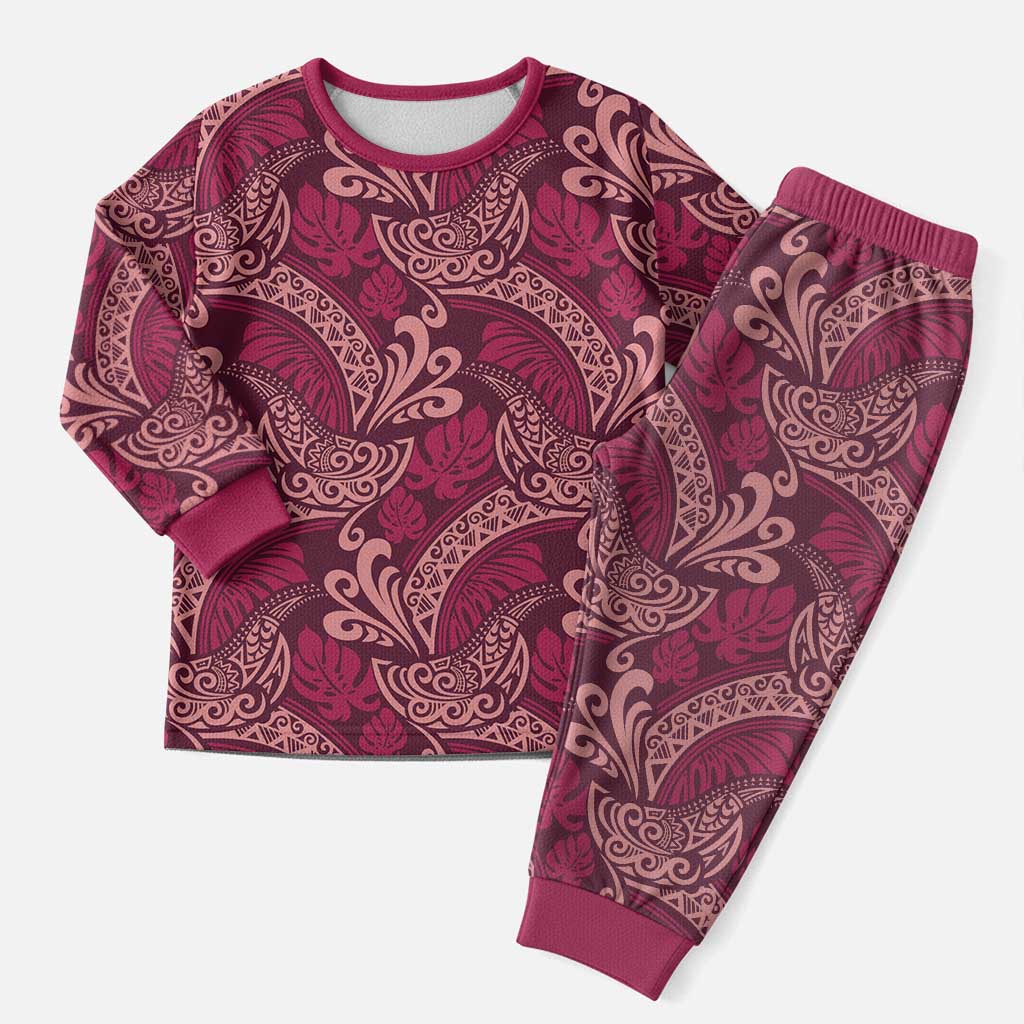 Sweet Pink Monstera Christmas Pajama Set Polynesian Tribal Pattern - Polynesian Pride