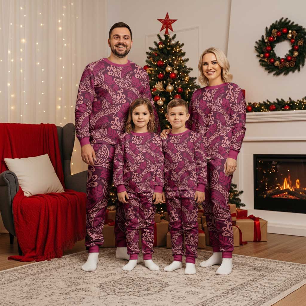 Sweet Pink Monstera Christmas Pajama Set Polynesian Tribal Pattern - Polynesian Pride