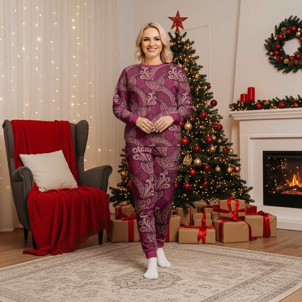 Sweet Pink Monstera Christmas Pajama Set Polynesian Tribal Pattern - Polynesian Pride