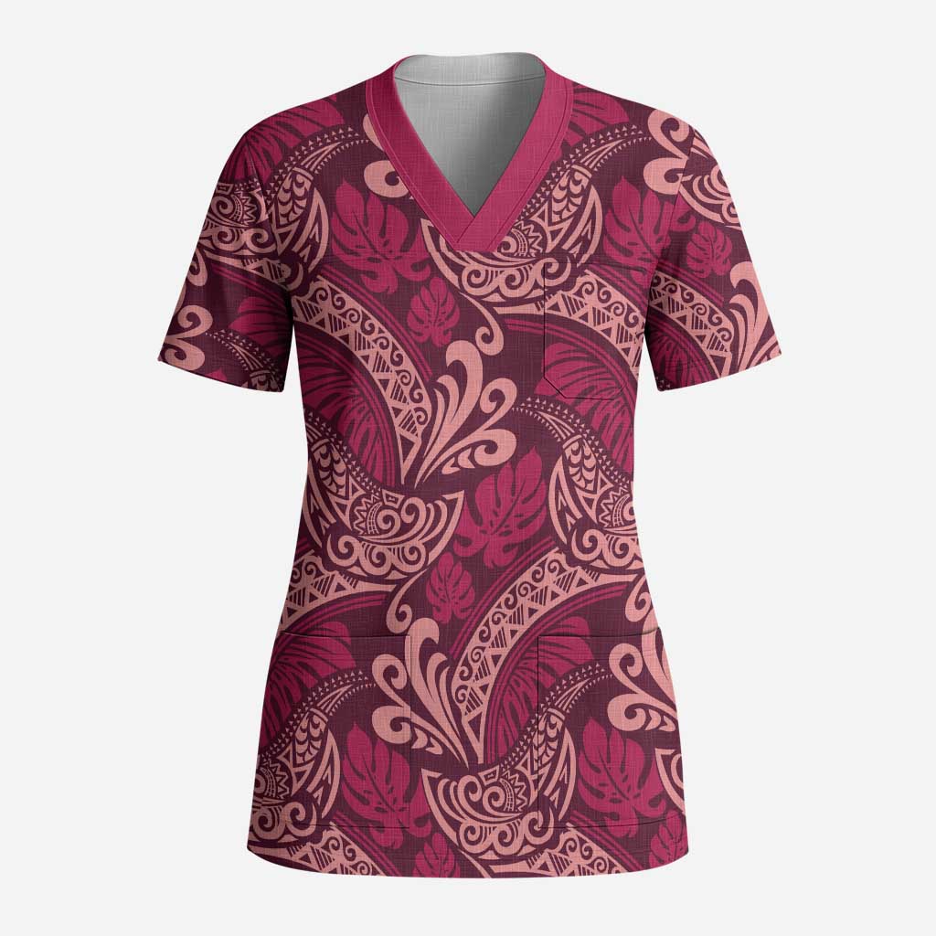 Sweet Pink Monstera Scrub Top Polynesian Tribal Pattern - Polynesian Pride