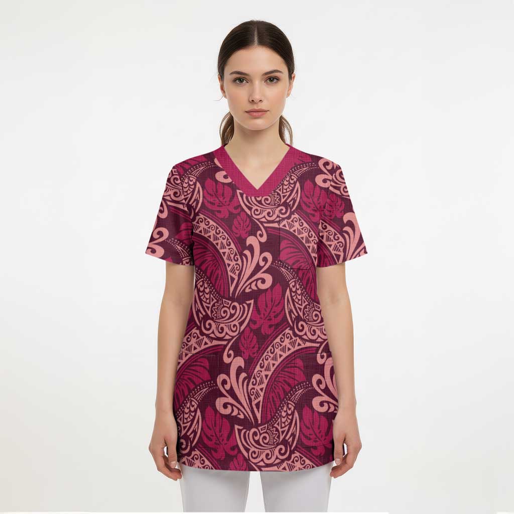 Sweet Pink Monstera Scrub Top Polynesian Tribal Pattern - Polynesian Pride