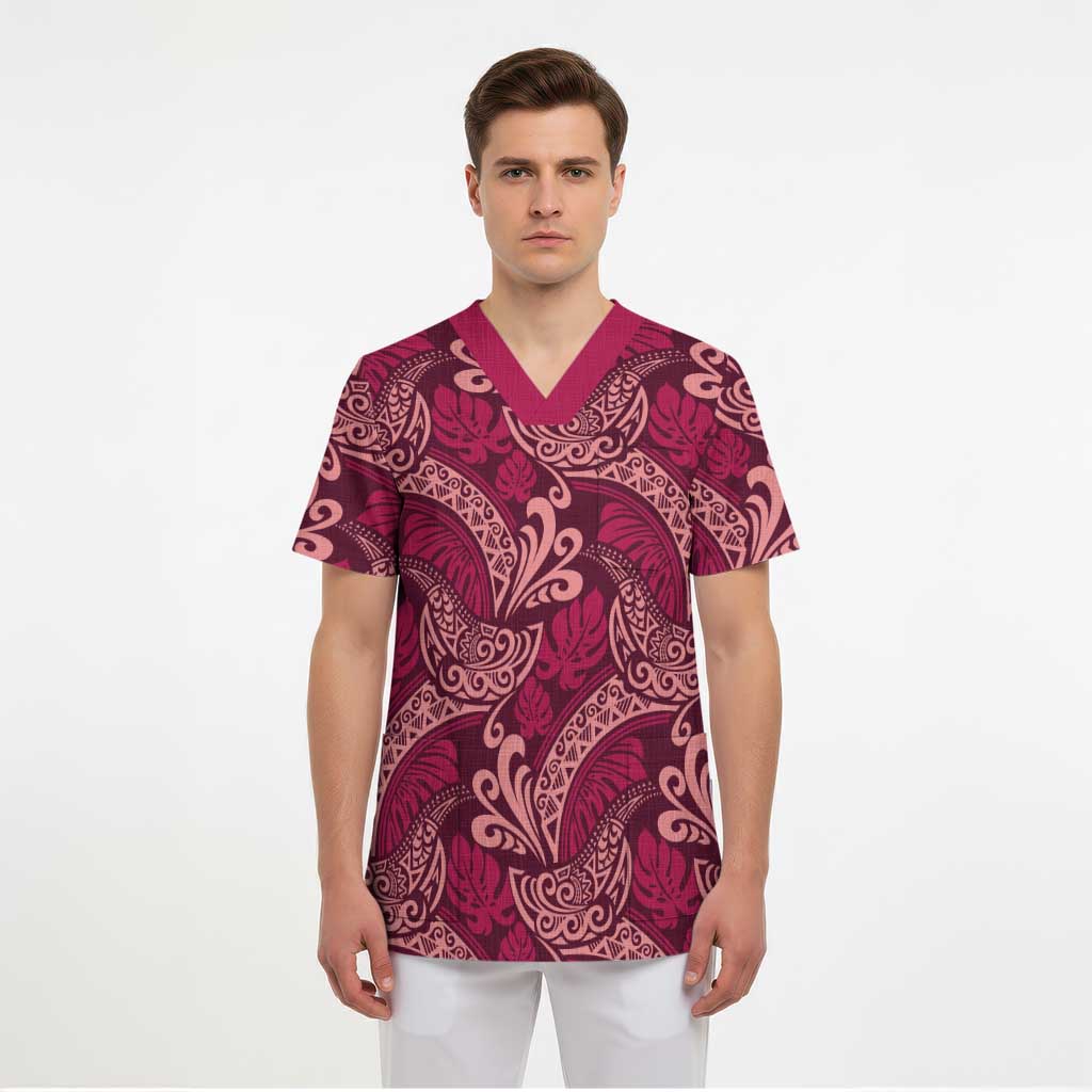 Sweet Pink Monstera Scrub Top Polynesian Tribal Pattern - Polynesian Pride