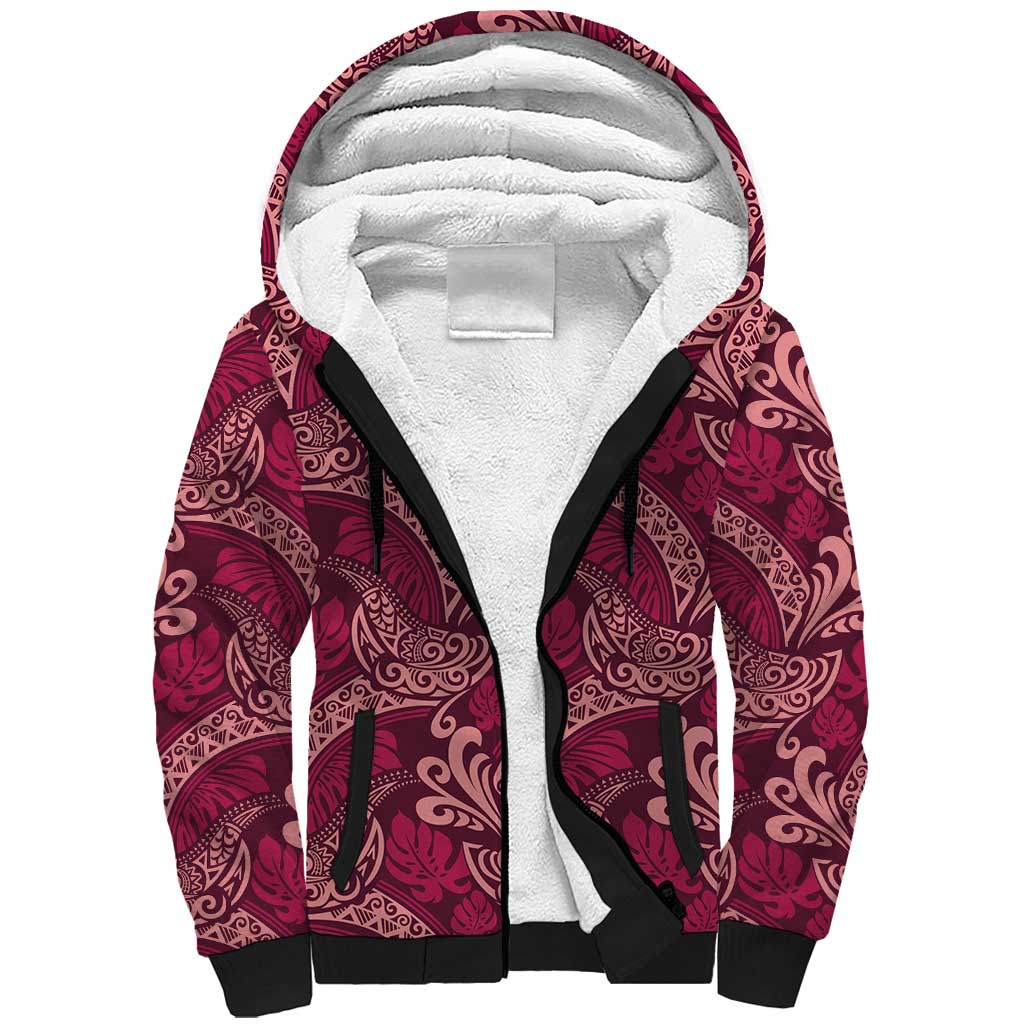 Sweet Pink Monstera Sherpa Hoodie Polynesian Tribal Pattern - Polynesian Pride
