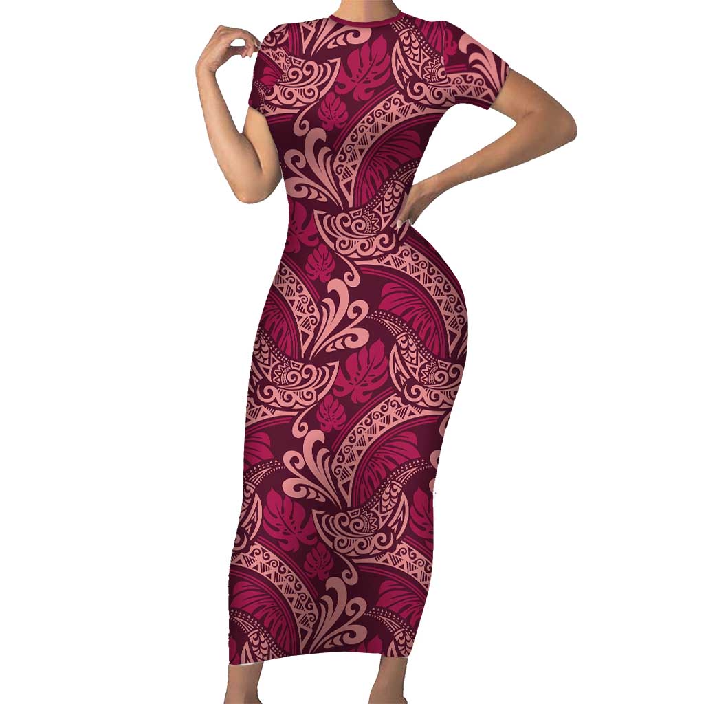 Sweet Pink Monstera Short Sleeve Bodycon Dress Polynesian Tribal Pattern - Polynesian Pride