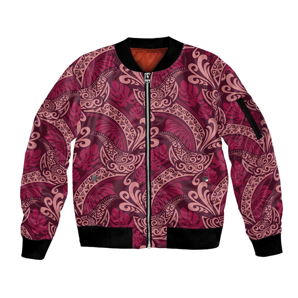 Sweet Pink Monstera Sleeve Zip Bomber Jacket Polynesian Tribal Pattern - Polynesian Pride