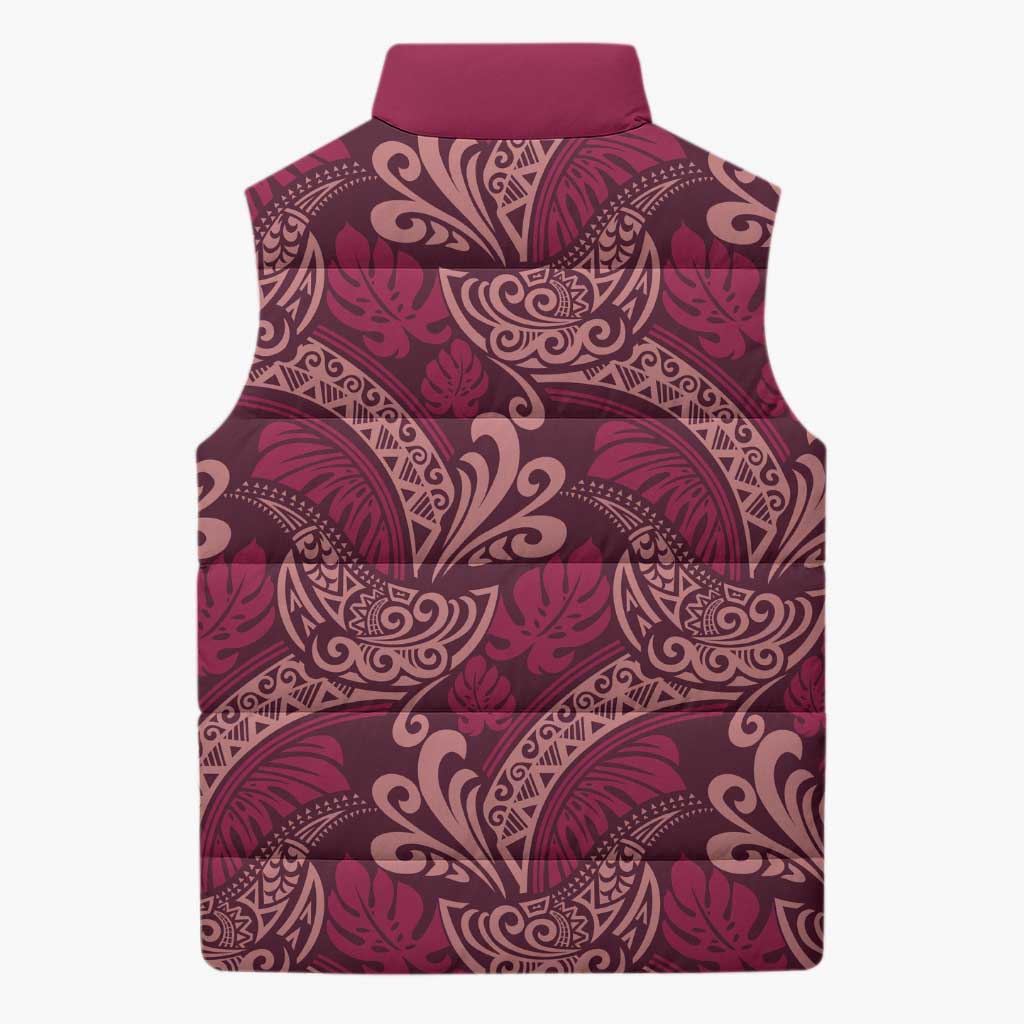 Sweet Pink Monstera Sleeveless Puffer Jacket Polynesian Tribal Pattern - Polynesian Pride