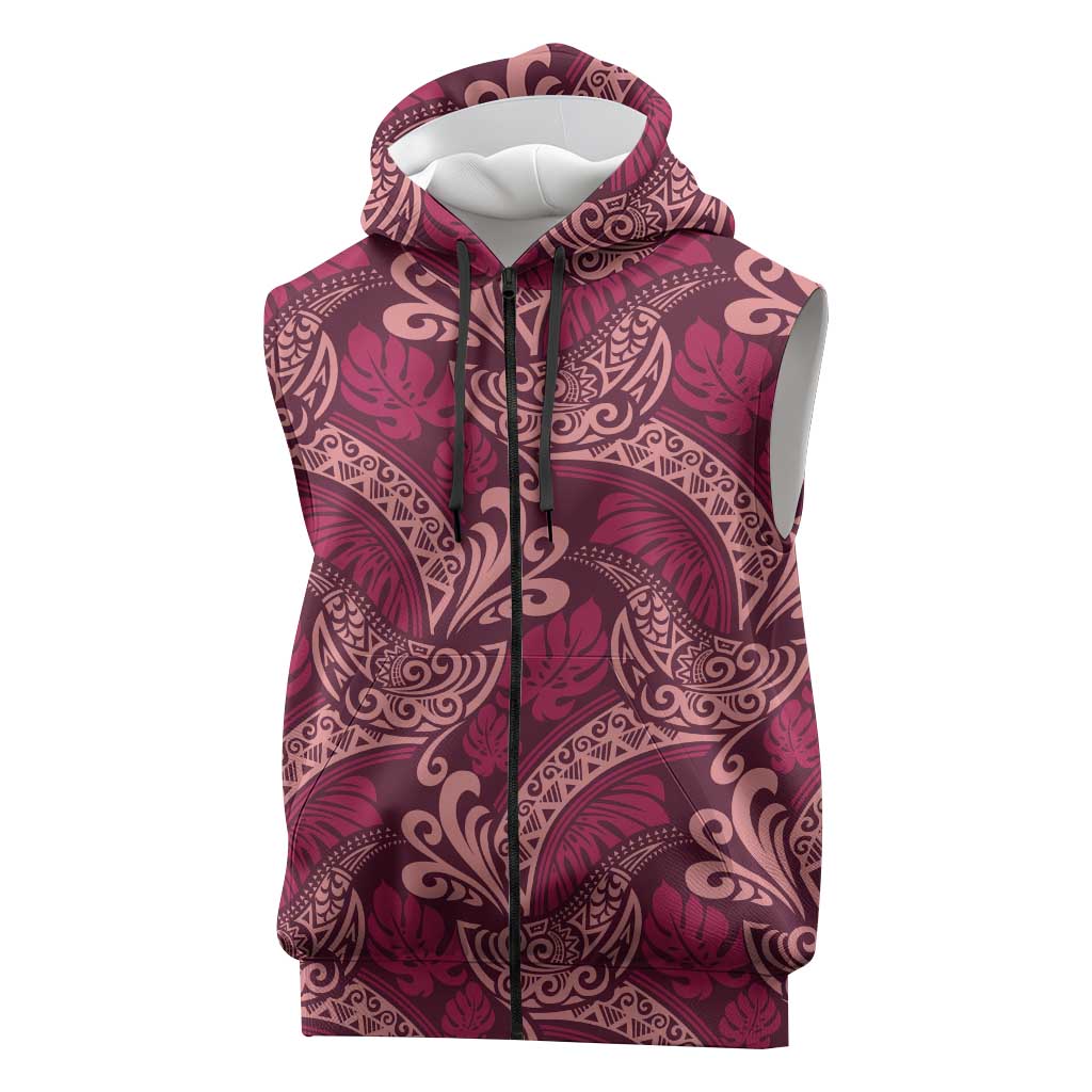Sweet Pink Monstera Sleeveless Zip Hoodie Polynesian Tribal Pattern - Polynesian Pride