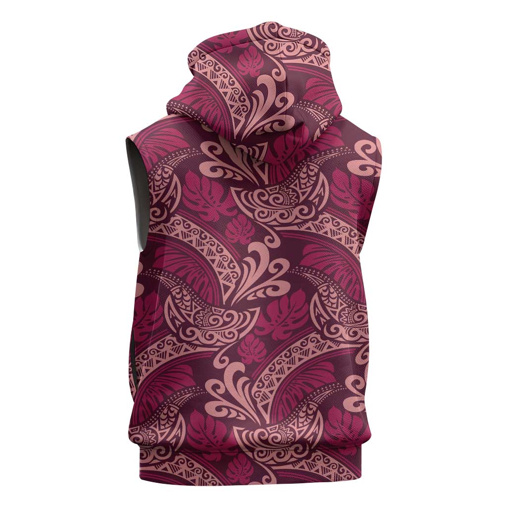 Sweet Pink Monstera Sleeveless Zip Hoodie Polynesian Tribal Pattern - Polynesian Pride